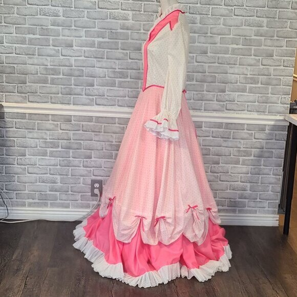 Vintage Pink 70s Dress Gown Prairie Cottage Victorian Period Costume Handmade - Picture 2 of 9